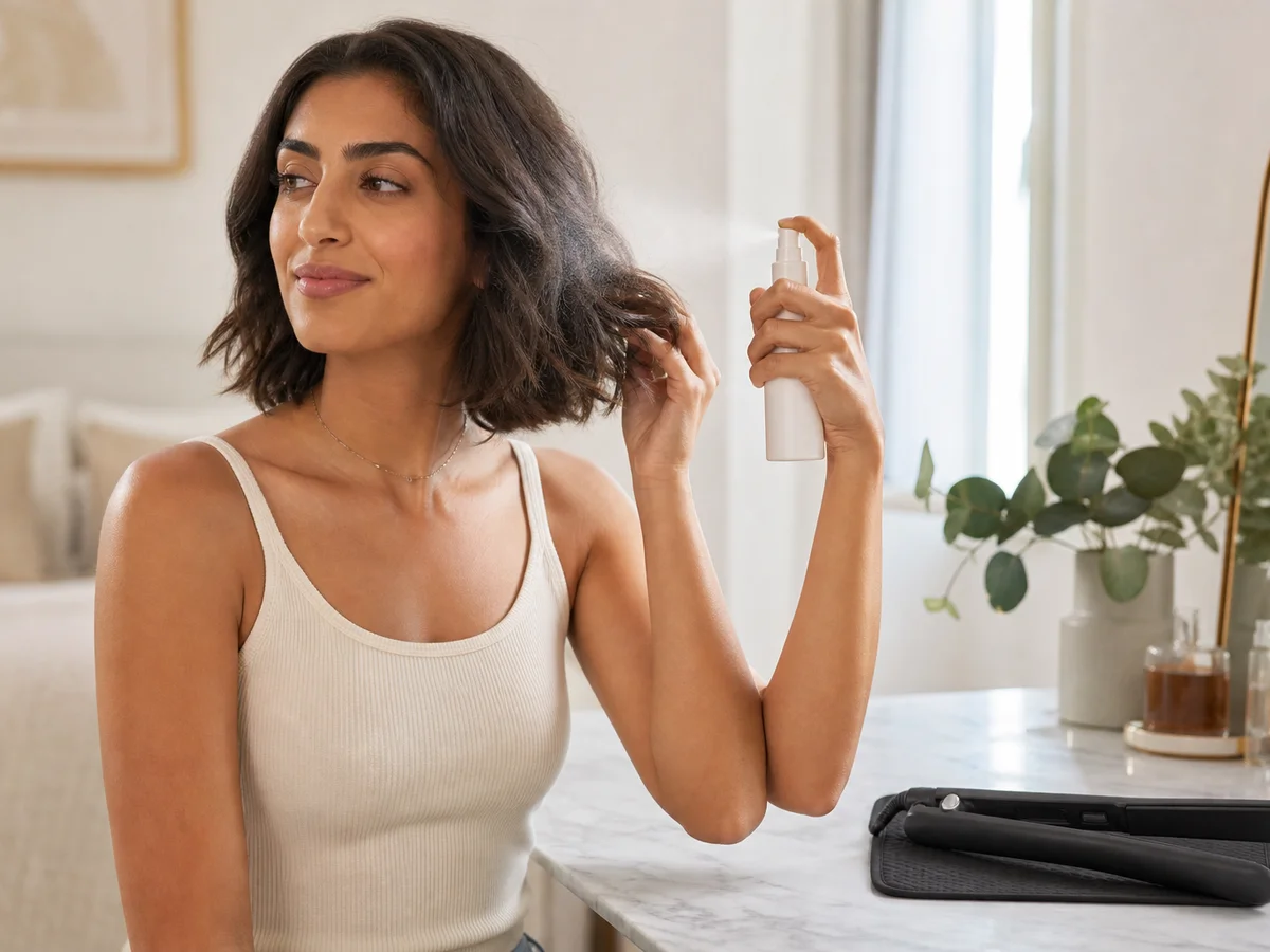 best styling products for short hair — heat protectant spray misted before flat-ironing a short bob