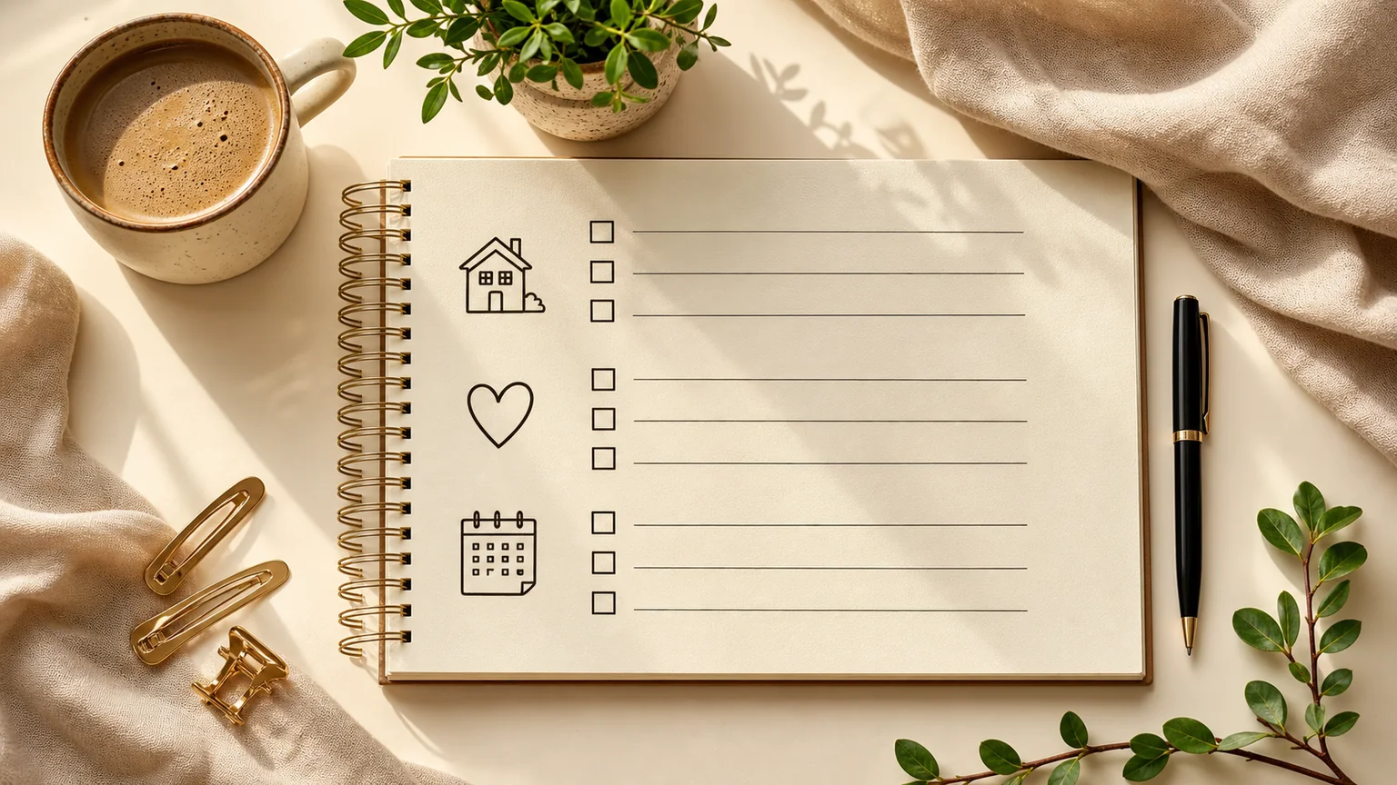 Flat-lay checklist graphic for big chop readiness assessment, featuring lifestyle, hair goals, and emotional readiness categories with icons and office supplies.