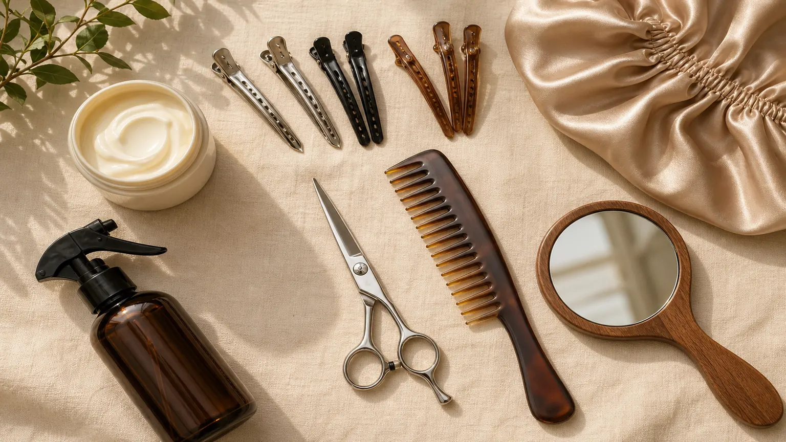 Flat-lay of essential big chop preparation tools including hair shears, sectioning clips, spray bottle, wide-tooth comb, and mirror.