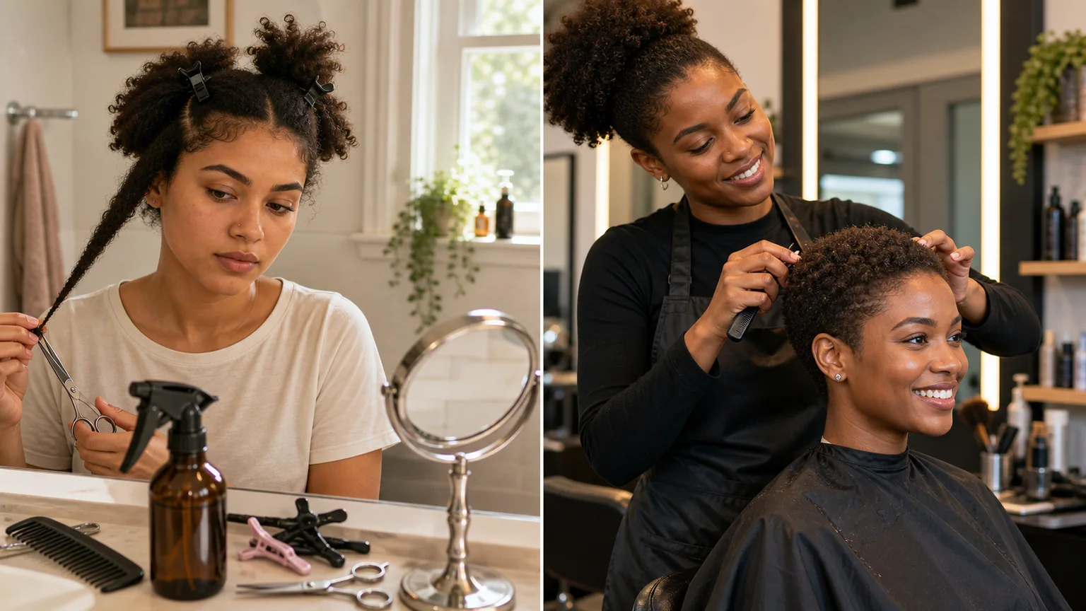 Side-by-side comparison showing a woman doing a big chop at home versus a client in a professional salon chair with a stylist.