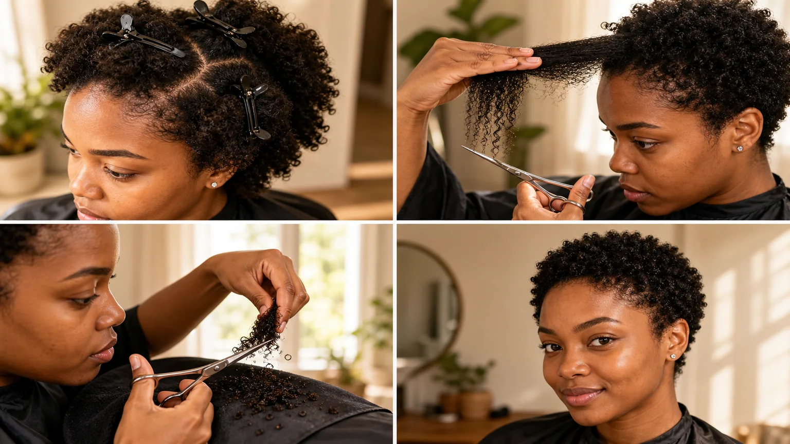 Four-step photo sequence demonstrating hair sectioning, holding technique, cutting process, and completed big chop result for at-home cutting.
