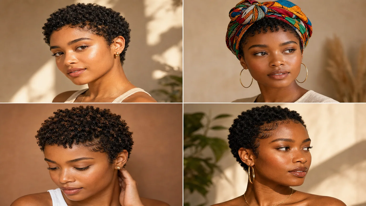 Four-photo grid showing diverse TWA styling options including wash-and-go, headwrap, finger coils, and accessorized looks across different curl textures.