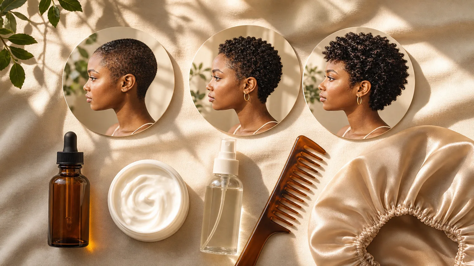 Timeline graphic showing big chop hair growth stages at Month 1, Months 3 to 6, and Month 6 Plus, paired with a flat-lay of essential TWA hair care products.