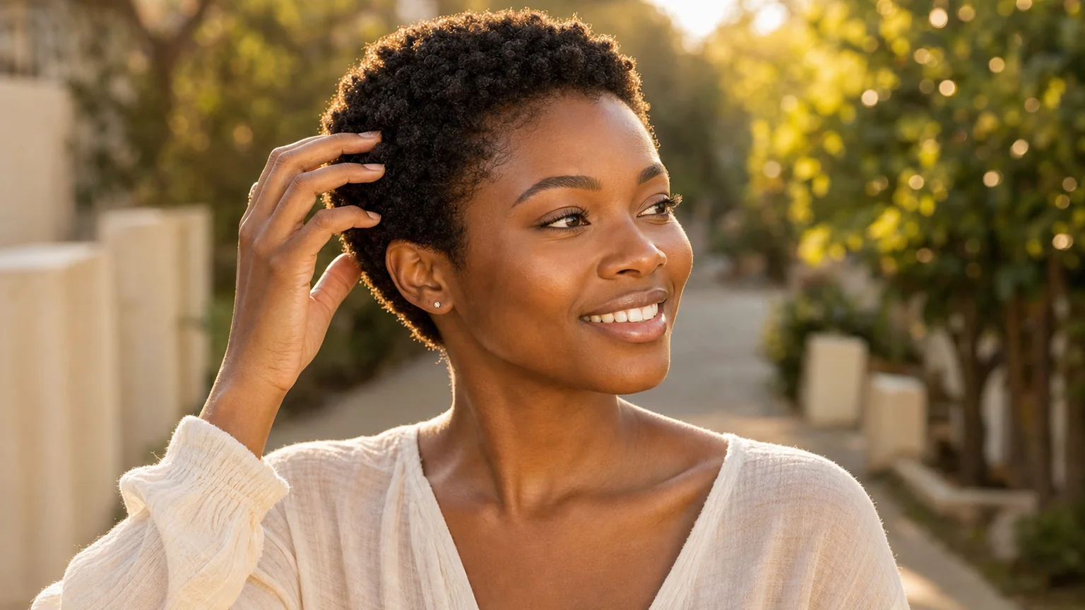 Black woman with a fresh big chop TWA confidently styling her curls in natural daylight, smiling outdoors.