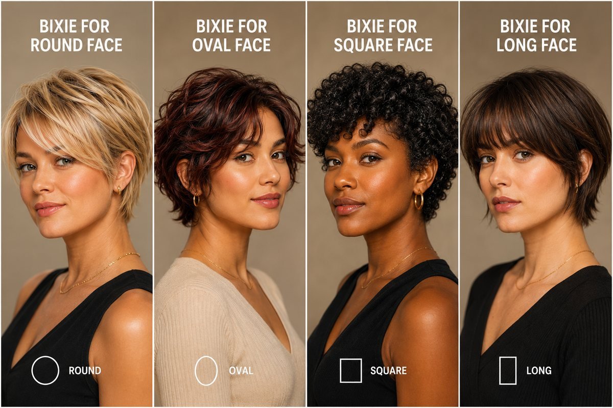 Bixie cut styled on round, oval, square, and long face shapes with diverse hair textures