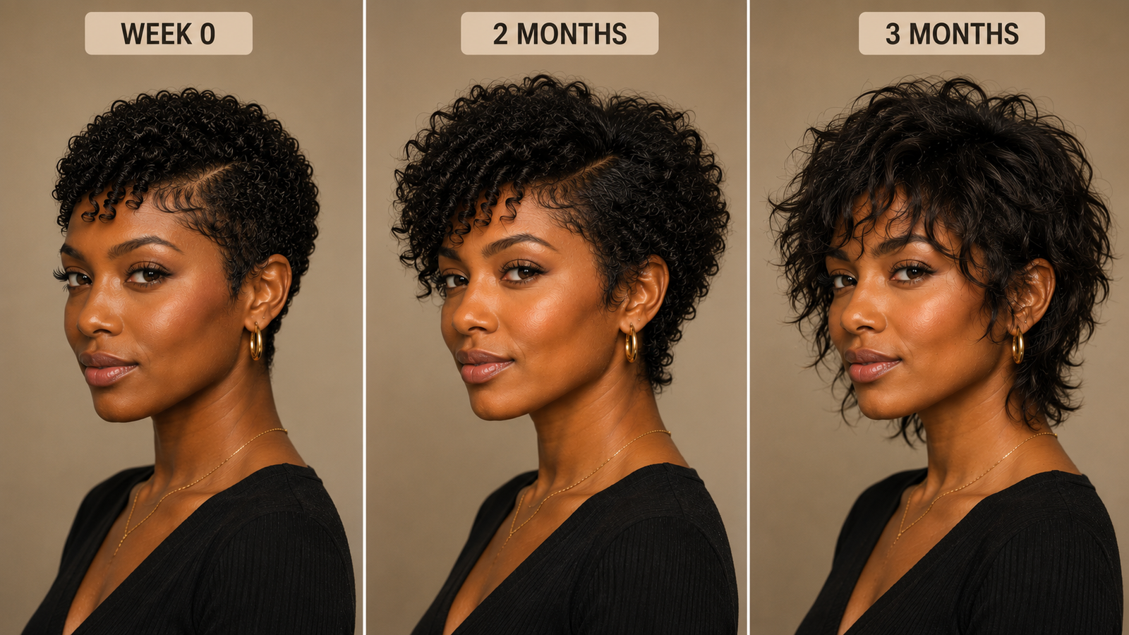 Bixie haircut growth timeline showing freshly cut, two-month, and three-month growth stages