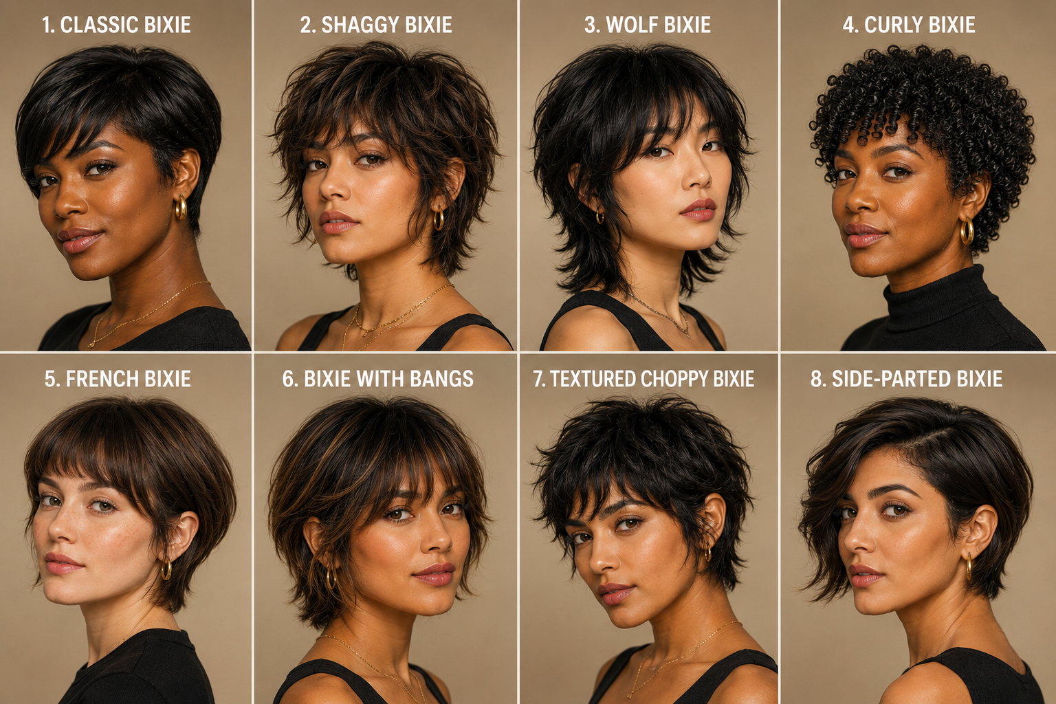 Eight bixie cut variations including wolf, curly, shaggy, classic, French, with bangs, choppy, and side-parted styles