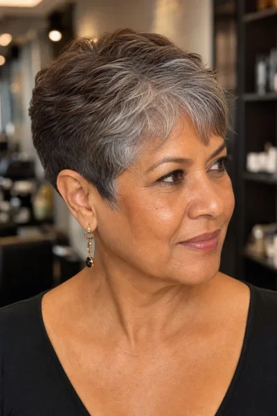 Blended gray pixie haircut for natural color transition — soft gradient between tones