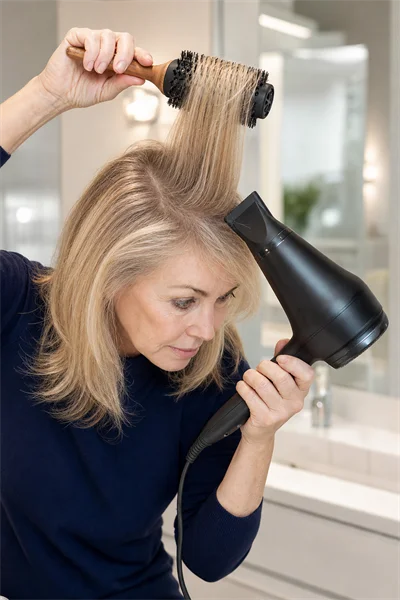 blow-drying fine hair at roots with round brush for volume — instructional how-to technique demonstration