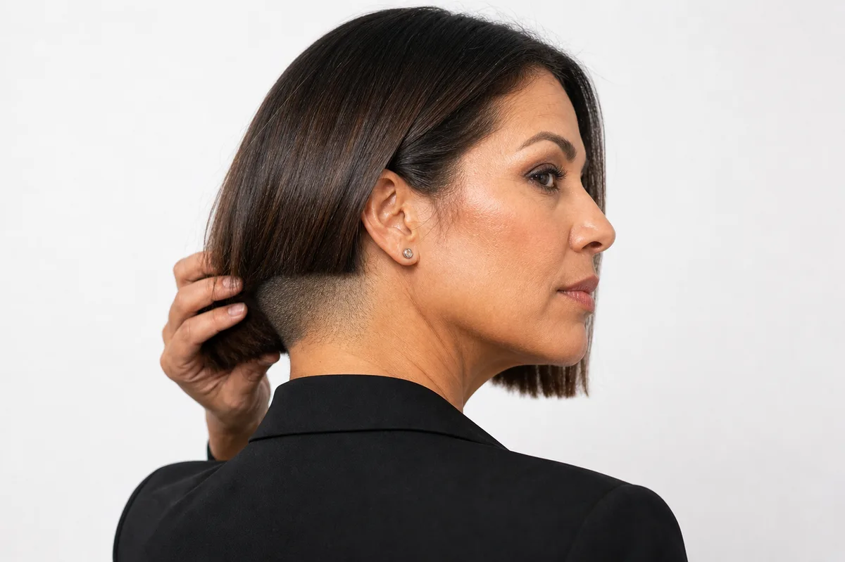 35 Edgy Short Haircuts for Women Ready for a Bold Change 20 Blunt bob with hidden undercut nape — crisp short hairstyle with concealed shaved section