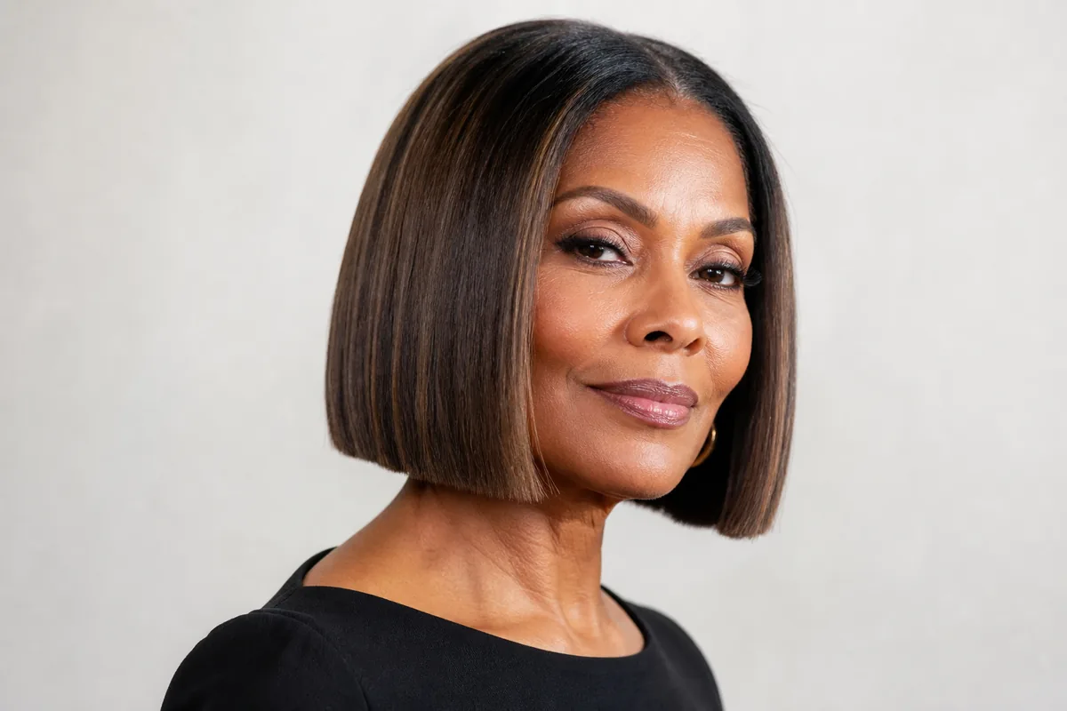 Blunt bob with root fade color technique haircut for women over 40