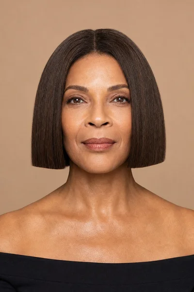 Woman over 50 with a blunt bob for thick hair showing straight-across ends and natural density from the front