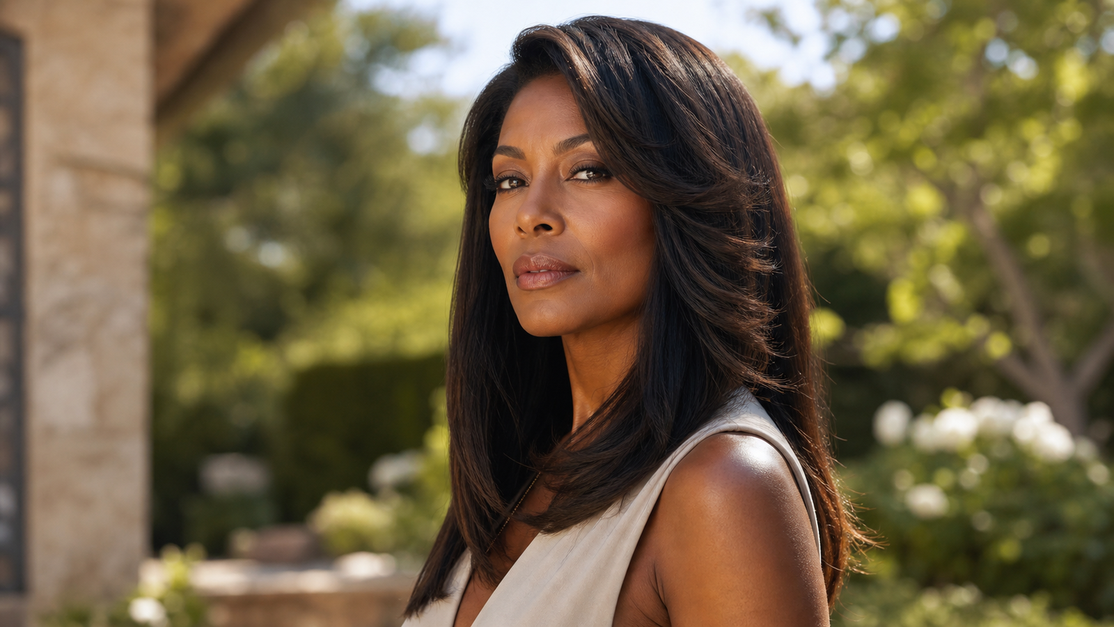 Long hair with blunt ends and subtle crown layers for lift without full layering.