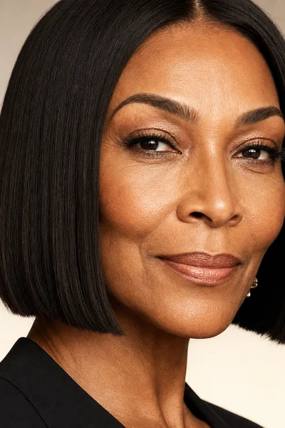 Blunt one-length bob for women over 50 — sleek, graphic cut on thick hair