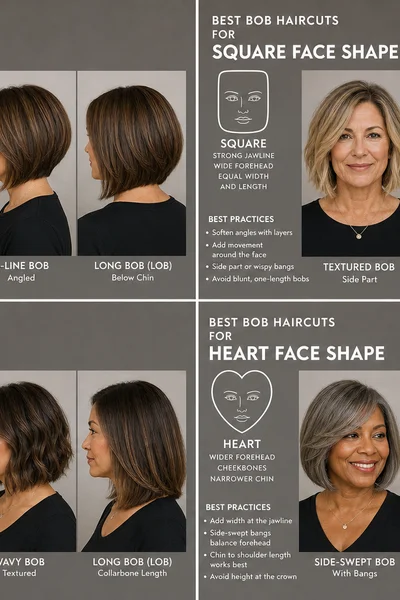 Infographic guide showing bob haircuts by face shape for women over 50