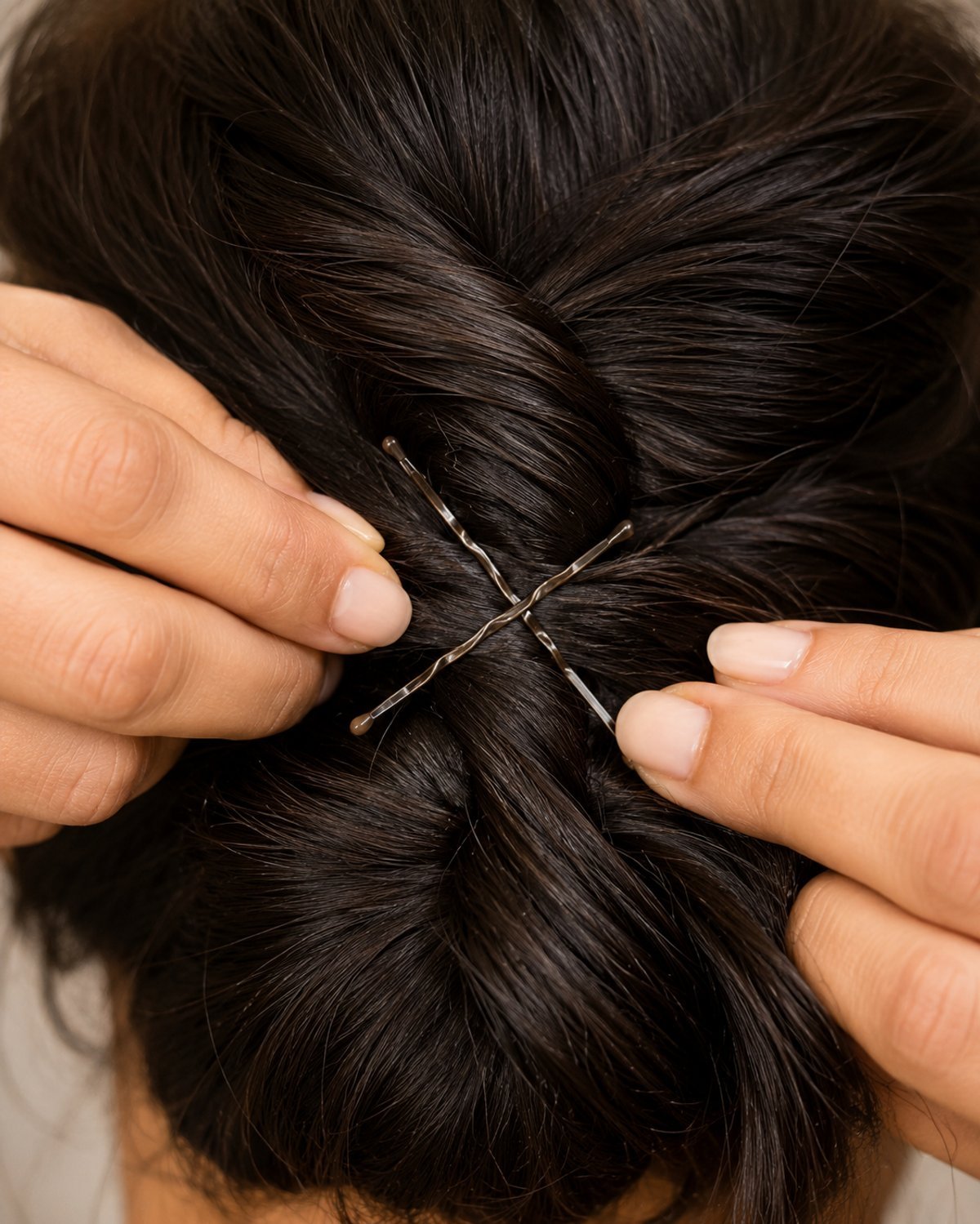 Criss-cross bobby pin technique for securing long hair updos — stabilizing tutorial