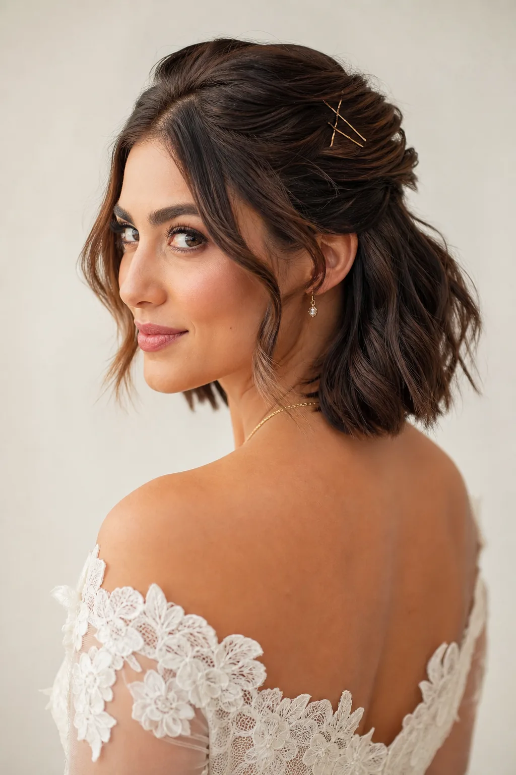 Bobby-pinned half-up bob wedding hairstyle for short hair, crossed pins at crown, fine hair texture