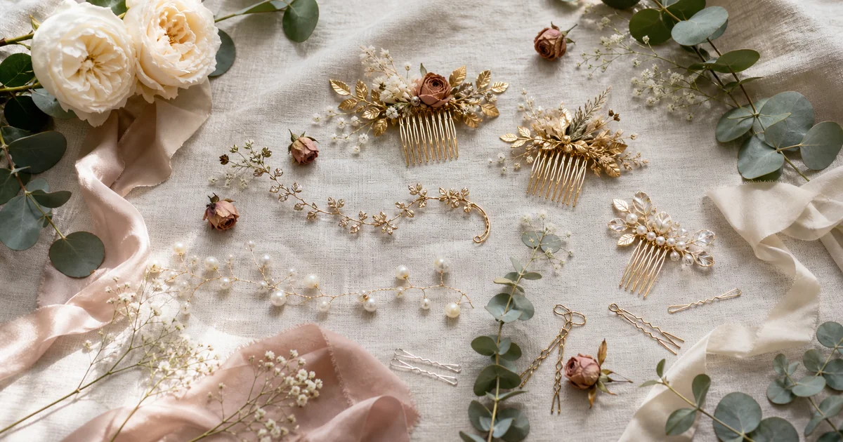 Boho wedding hair accessories flat lay — combs, flowers, ribbons, and vines collection
