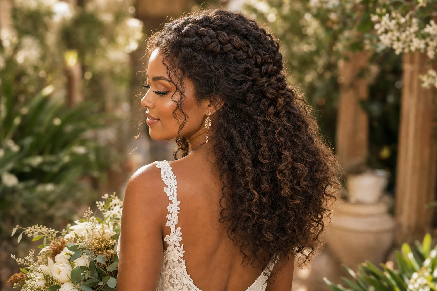 Boho braided half-up bridal hairstyle for naturally curly hair