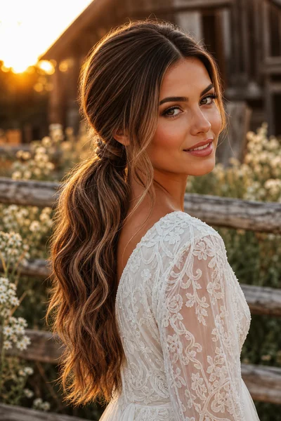 16 Rustic Wedding Hairstyles for Every Hair Length 17 Woman with low boho braided ponytail and soft waves, golden-hour rustic field setting