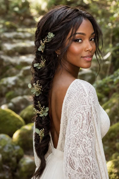 16 Rustic Wedding Hairstyles for Every Hair Length 9 Woman with loose fishtail braid adorned with greenery and eucalyptus, woodland dappled-light setting