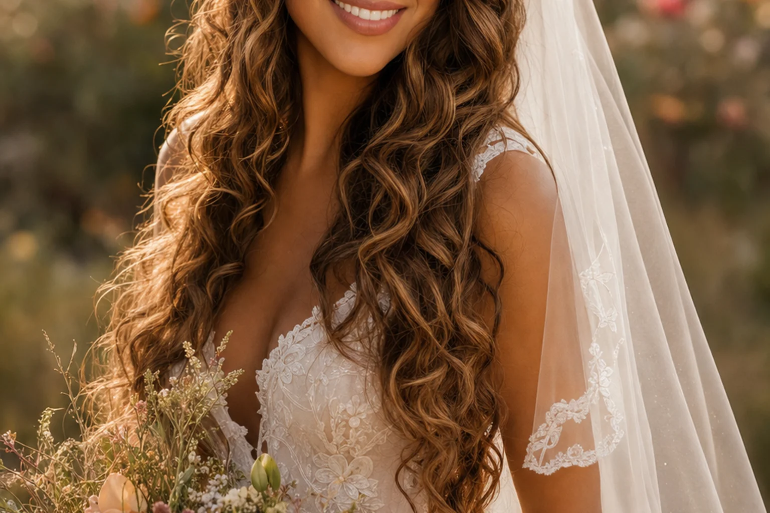 18 Wedding Hairstyles With a Veil You'll Fall in Love With 20 Loose curls with floral crown and veil boho wedding hairstyle romantic