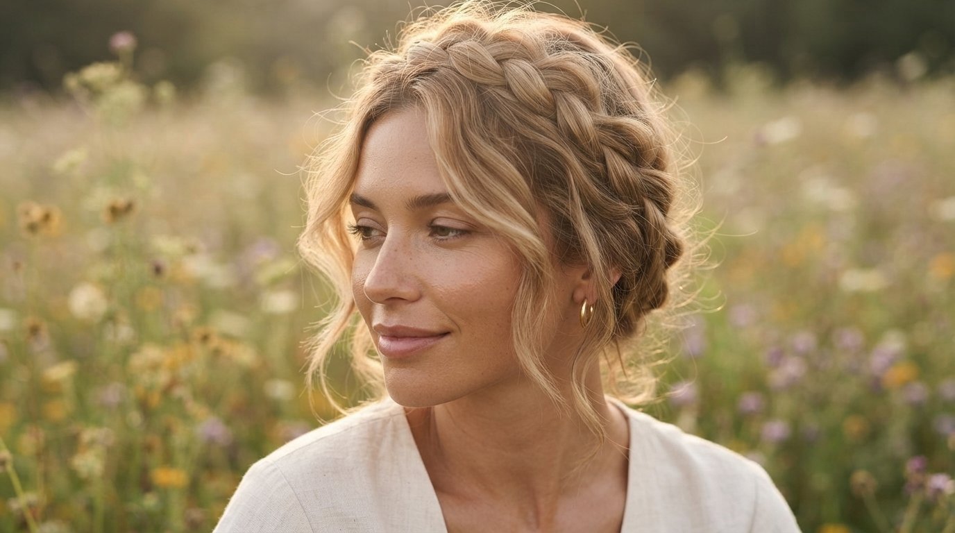Loose boho halo braid with textured wavy hair and face-framing pieces