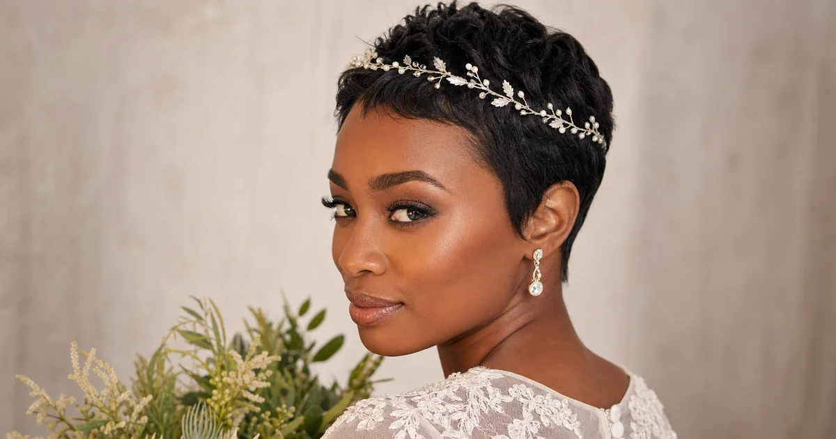 Textured pixie cut with boho headband — chic short wedding hairstyle