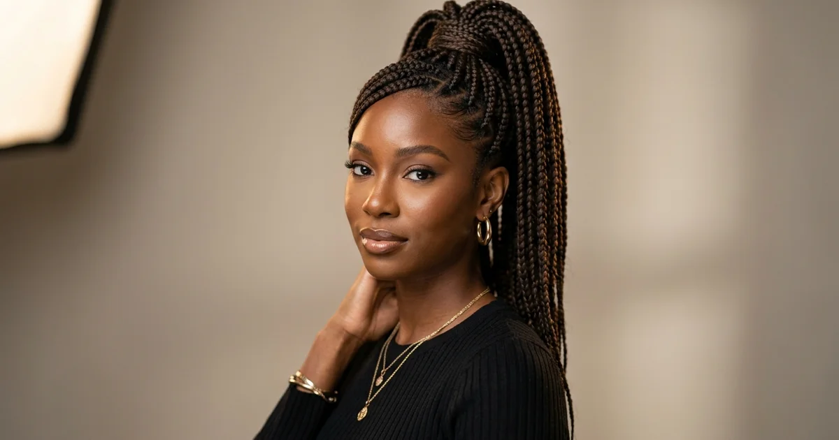 12 Braided Ponytail Ideas for Workouts and Everyday Wear 6 Box braid ponytail with extensions showing voluminous styling gathered at crown for long-lasting wear