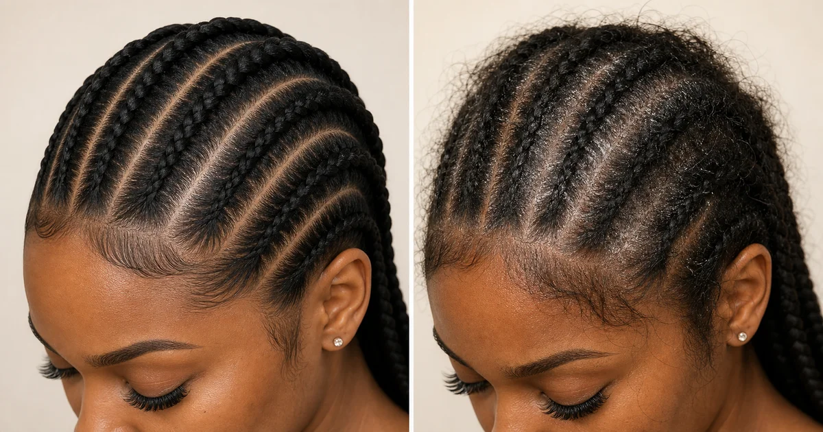 Side-by-side comparison of a well-maintained braid part versus frizzy braids with scalp buildup