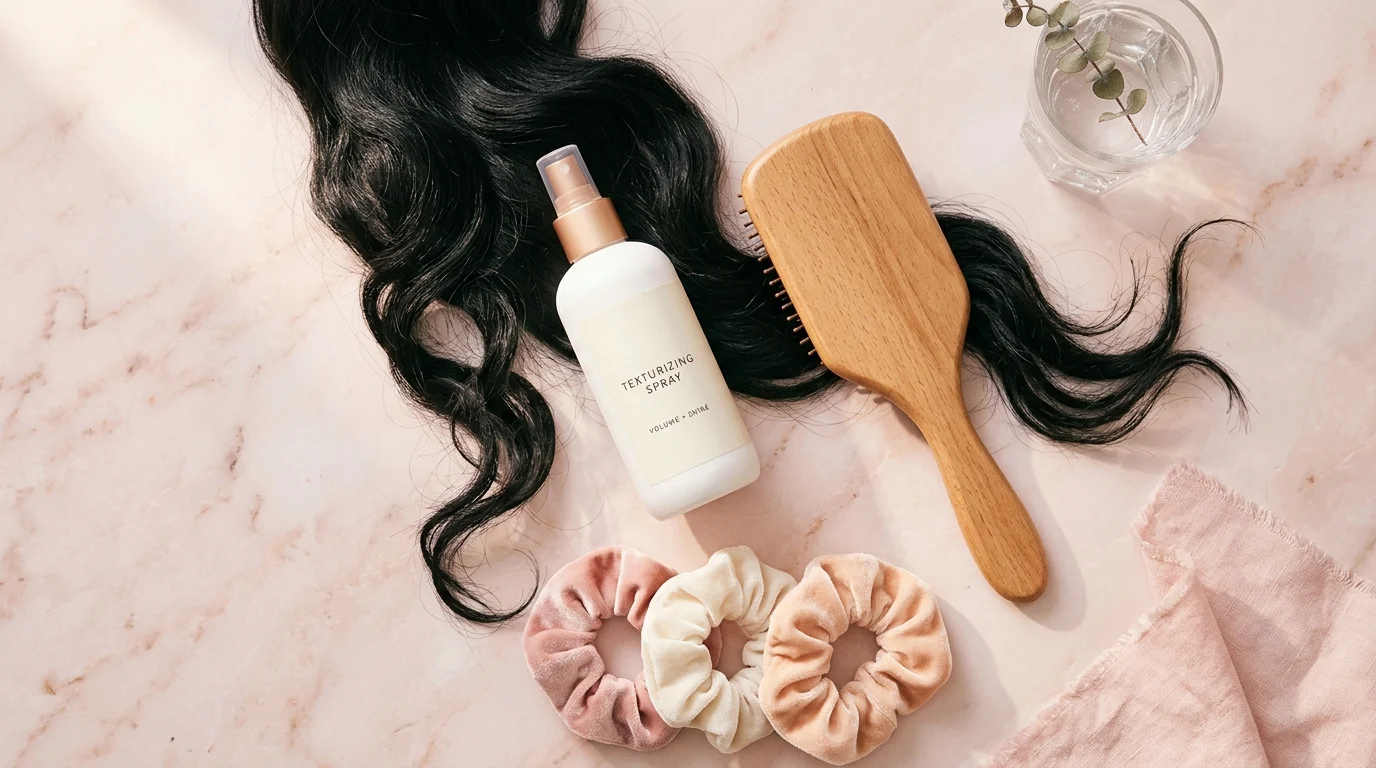 Flat-lay product styling with texturizing spray, brush, and hair ties for braid preparation