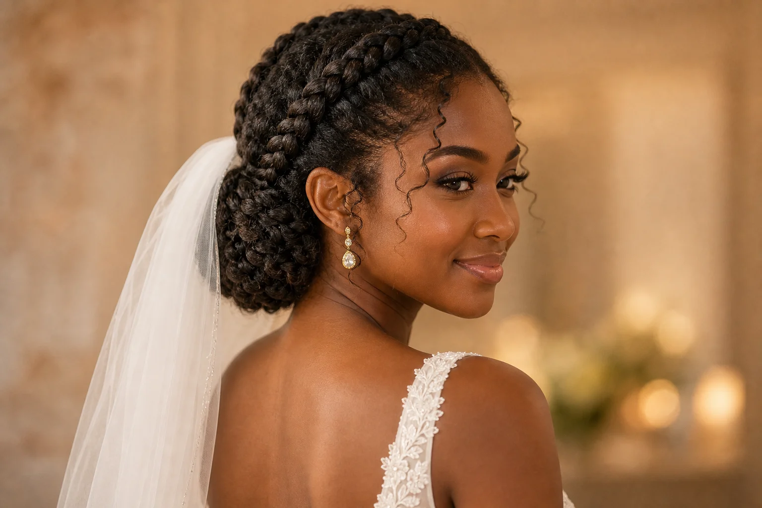 18 Wedding Hairstyles With a Veil You'll Fall in Love With 16 Braided low bun with veil wedding hairstyle for curly natural hair