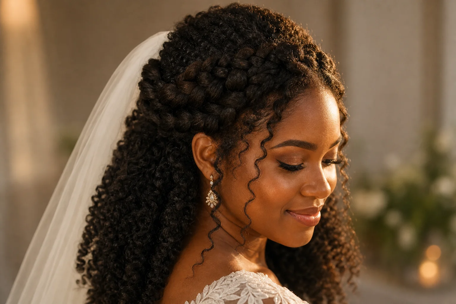 18 Wedding Hairstyles With a Veil You'll Fall in Love With 5 Half-up half-down braided crown wedding hairstyle for thick curly hair with veil