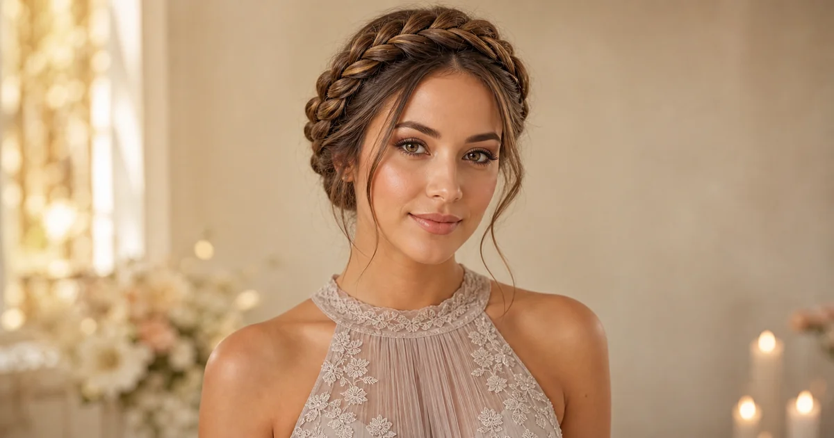 Braided crown hairstyle for an illusion neckline bridesmaid dress.