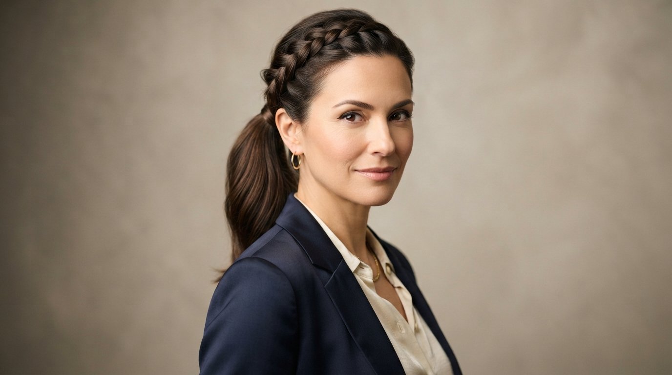 12 Braided Ponytail Ideas for Workouts and Everyday Wear 11 Polished braided crown ponytail with ear-to-ear accent braid on medium-thick hair for professional styling