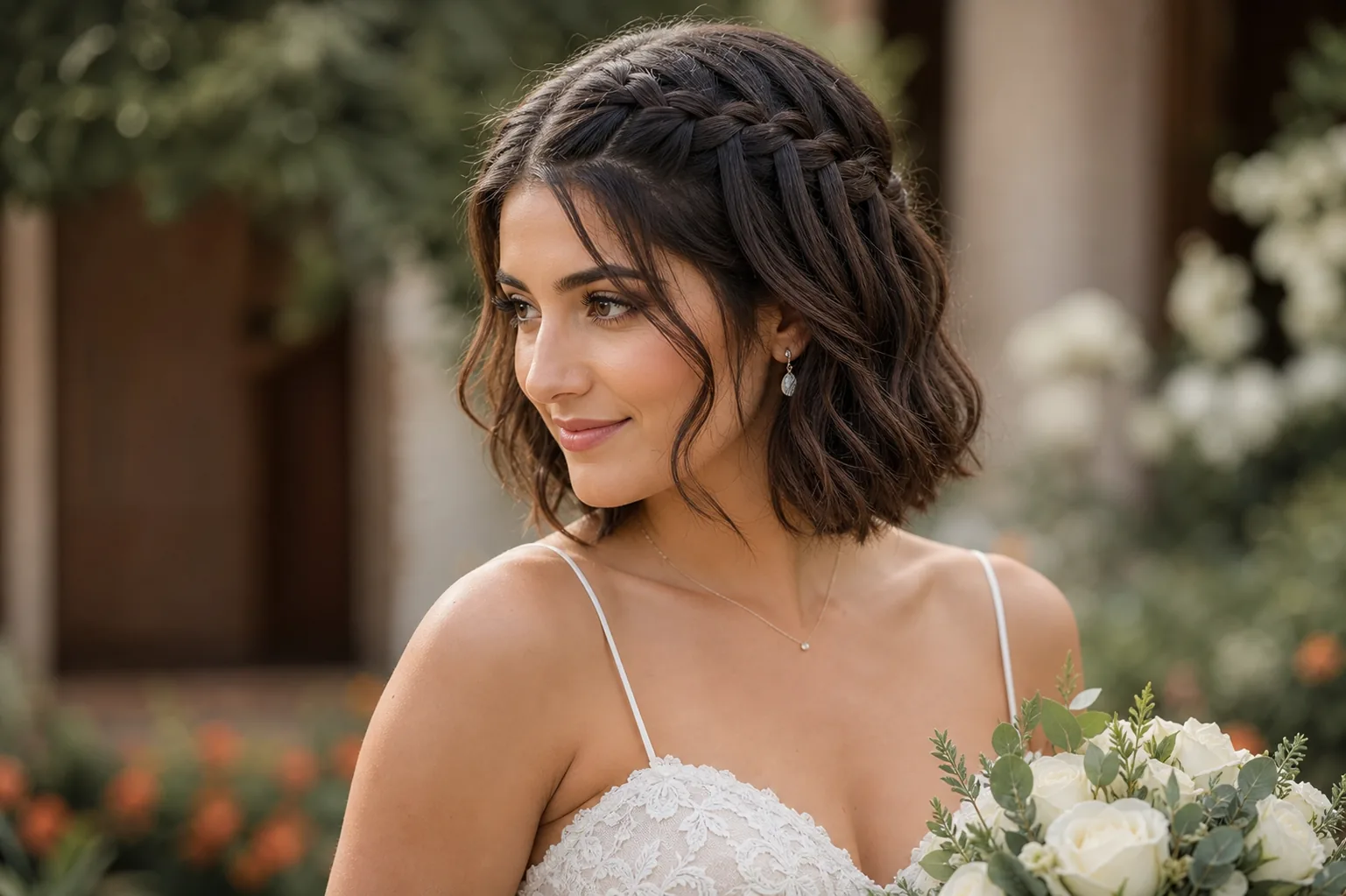 Braided half-up crown wedding hairstyle for short hair, loose braid crown, soft waves down