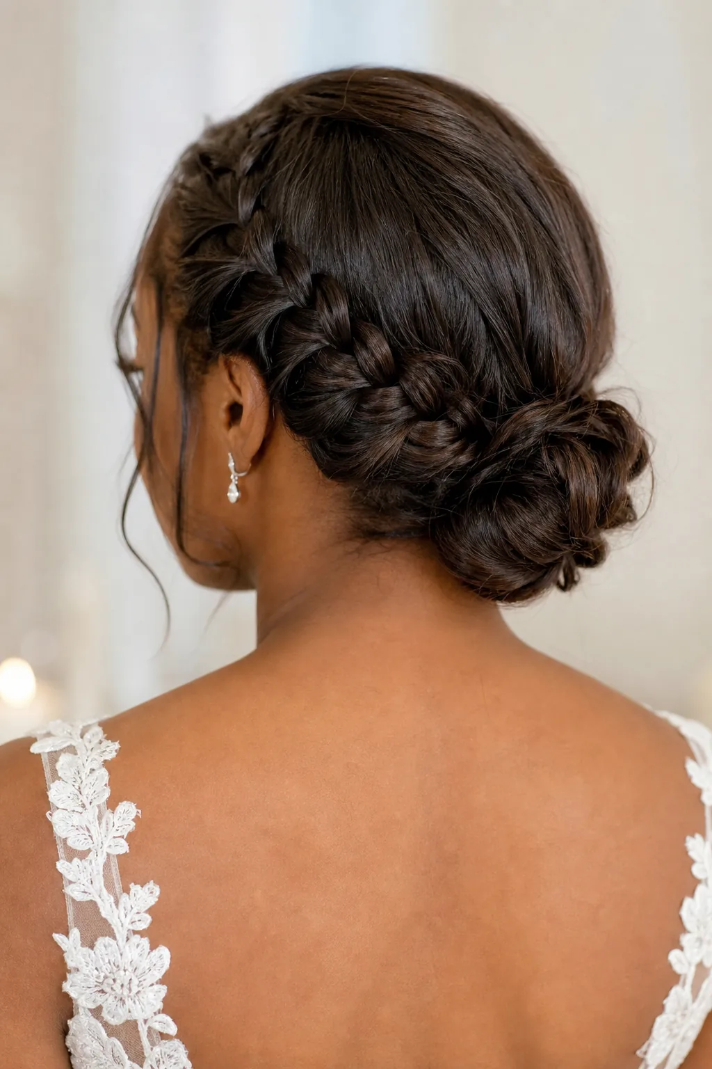 Braided half-updo with bun wedding hairstyle for short hair, side braid detail, low bun base