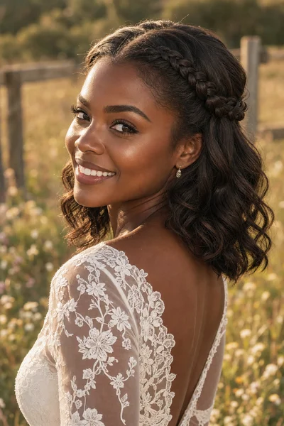 16 Rustic Wedding Hairstyles for Every Hair Length 6 Woman with braided headband halo and soft curled ends, wildflower field at golden hour