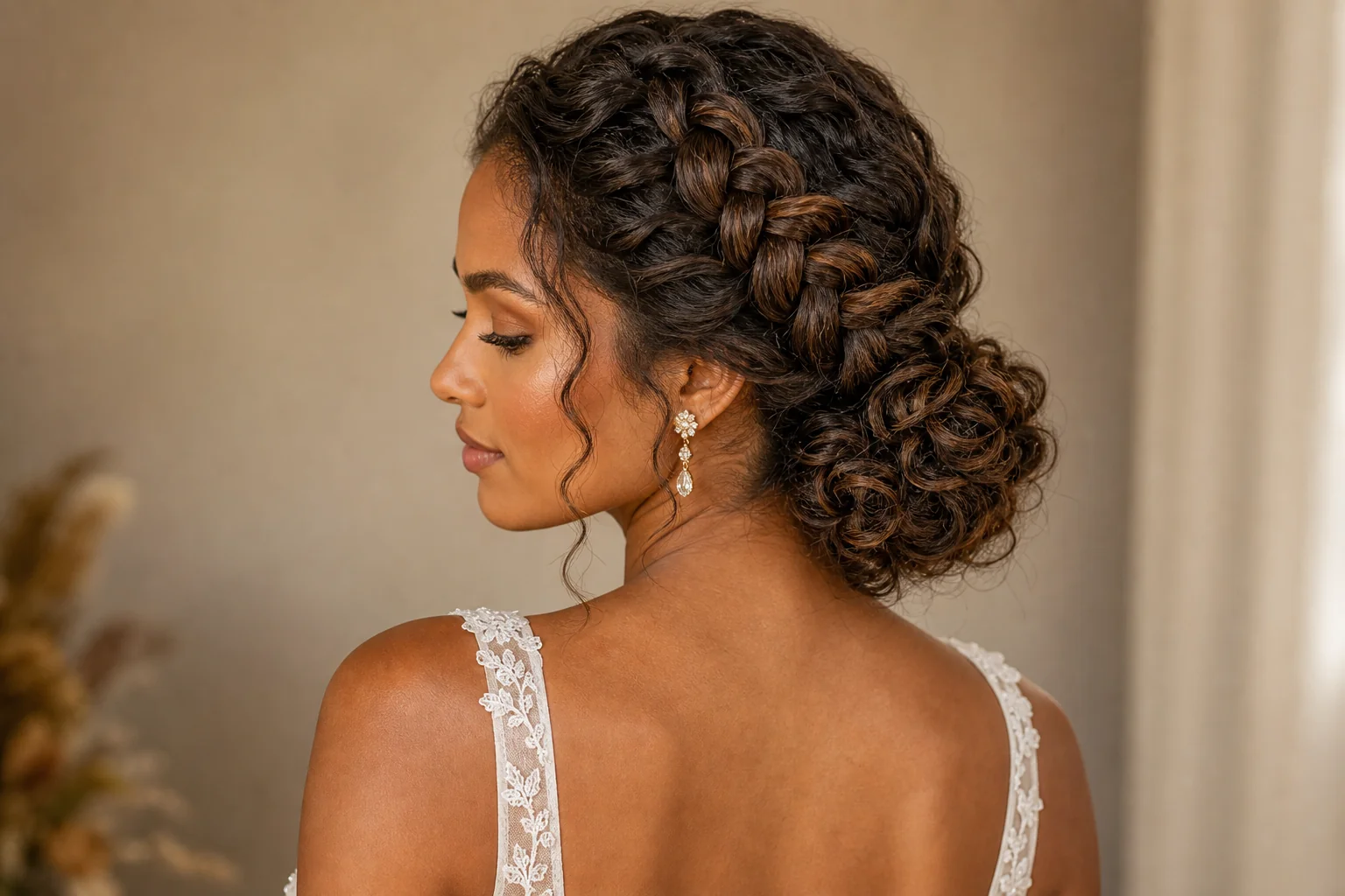 Braided low bun bridal hairstyle for thick curly long hair