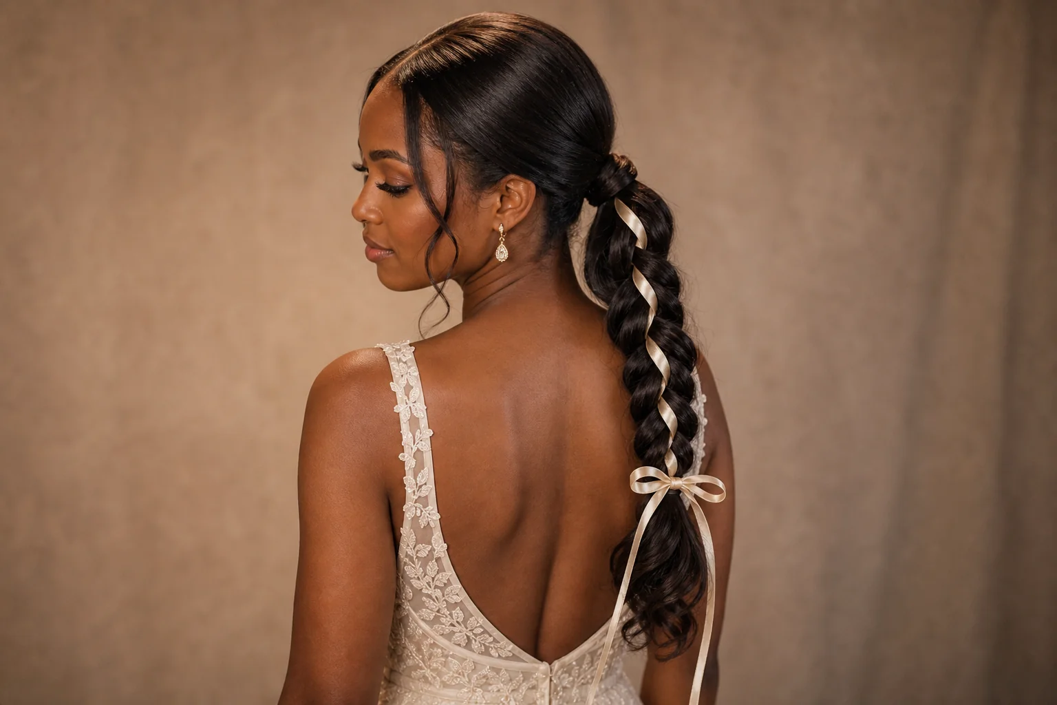 Braided ponytail with ribbon detail bridal hairstyle for long hair