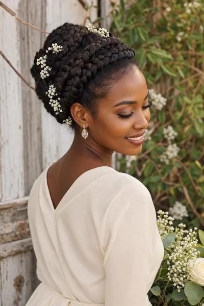 16 Rustic Wedding Hairstyles for Every Hair Length 16 Woman with intricate braided updo adorned with baby's breath, rustic barn doors and climbing vines