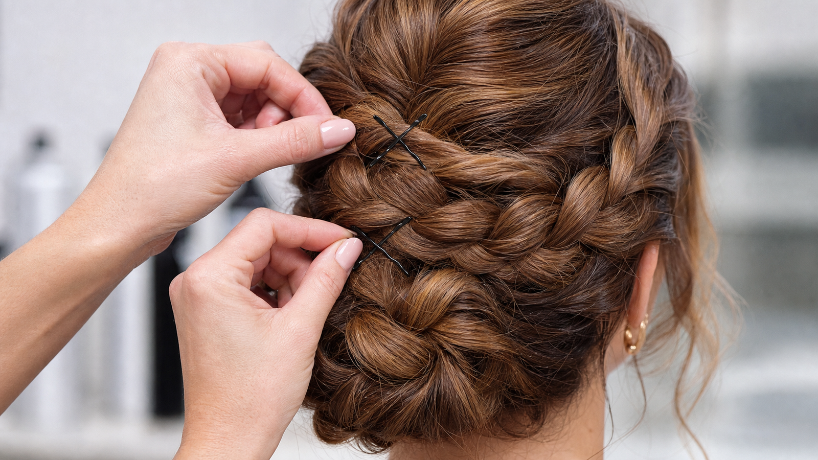 Close-up of securing a braided updo with bobby pins in an X pattern for all-day hold and durability