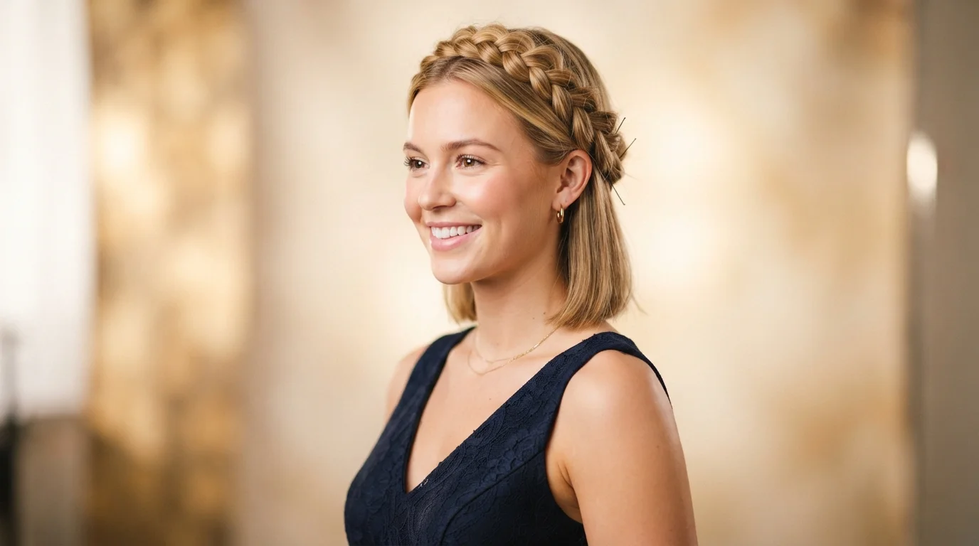 Braided Updo Hairstyles for Prom and Formal Events: 11 Styles That Last All Night 11 Braided updo hairstyle for short prom hair at lob or bob length