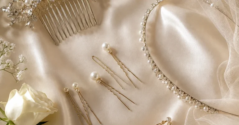 bridal hair accessories flat lay featuring crystal combs, pins, headband, and veil for wedding hairstyles
