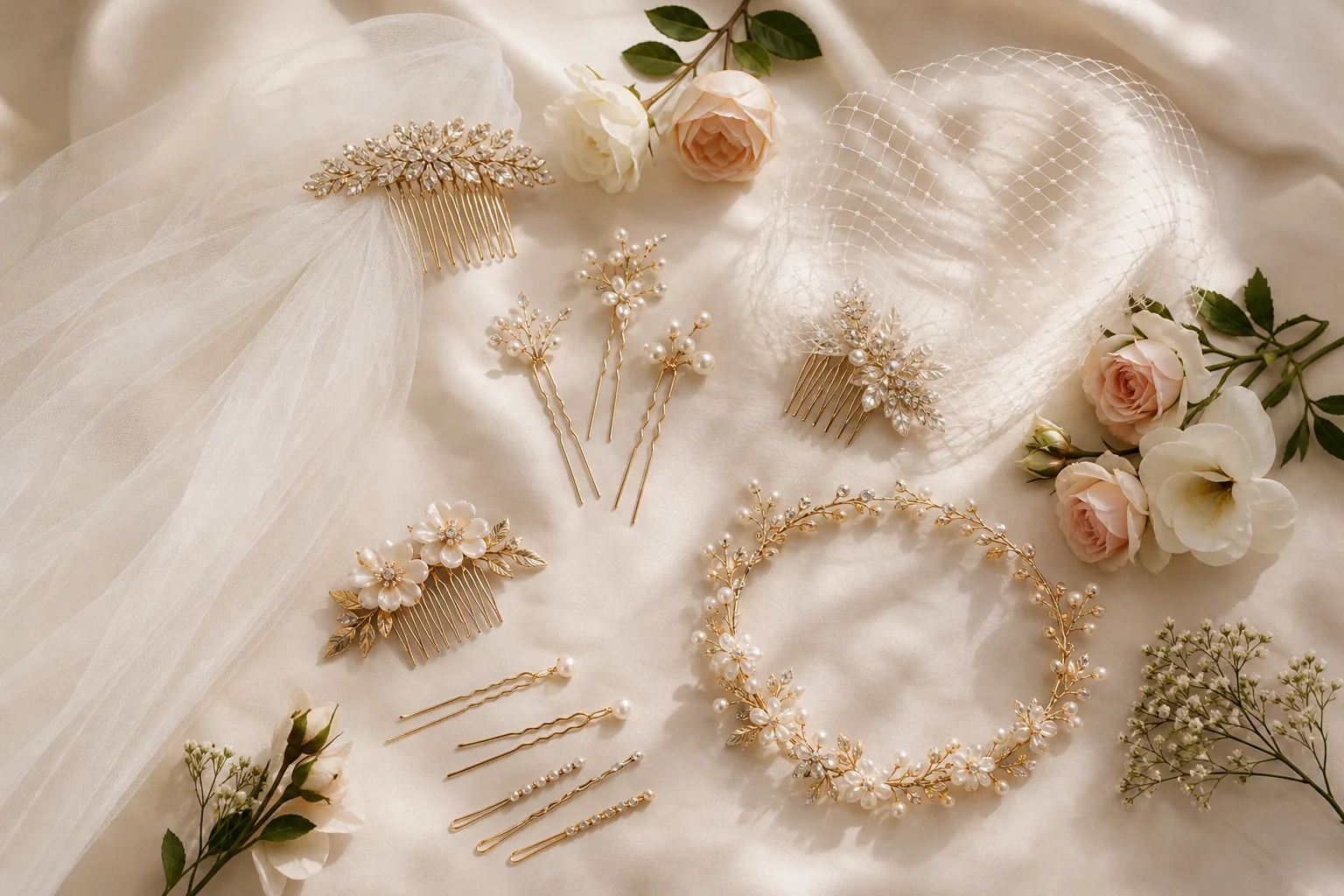 Bridal hair accessories collection — veils, floral pins, and headband flat lay