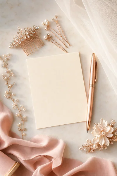 Bridal hair accessories flat lay with notecard and pen for planning your hair trial