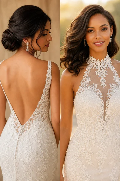How to Choose Your Wedding Hairstyle Step by Step 4 Wedding hairstyles by dress neckline — low twisted chignon showing off a low-back gown, and down waves with a high-neckline halter dress