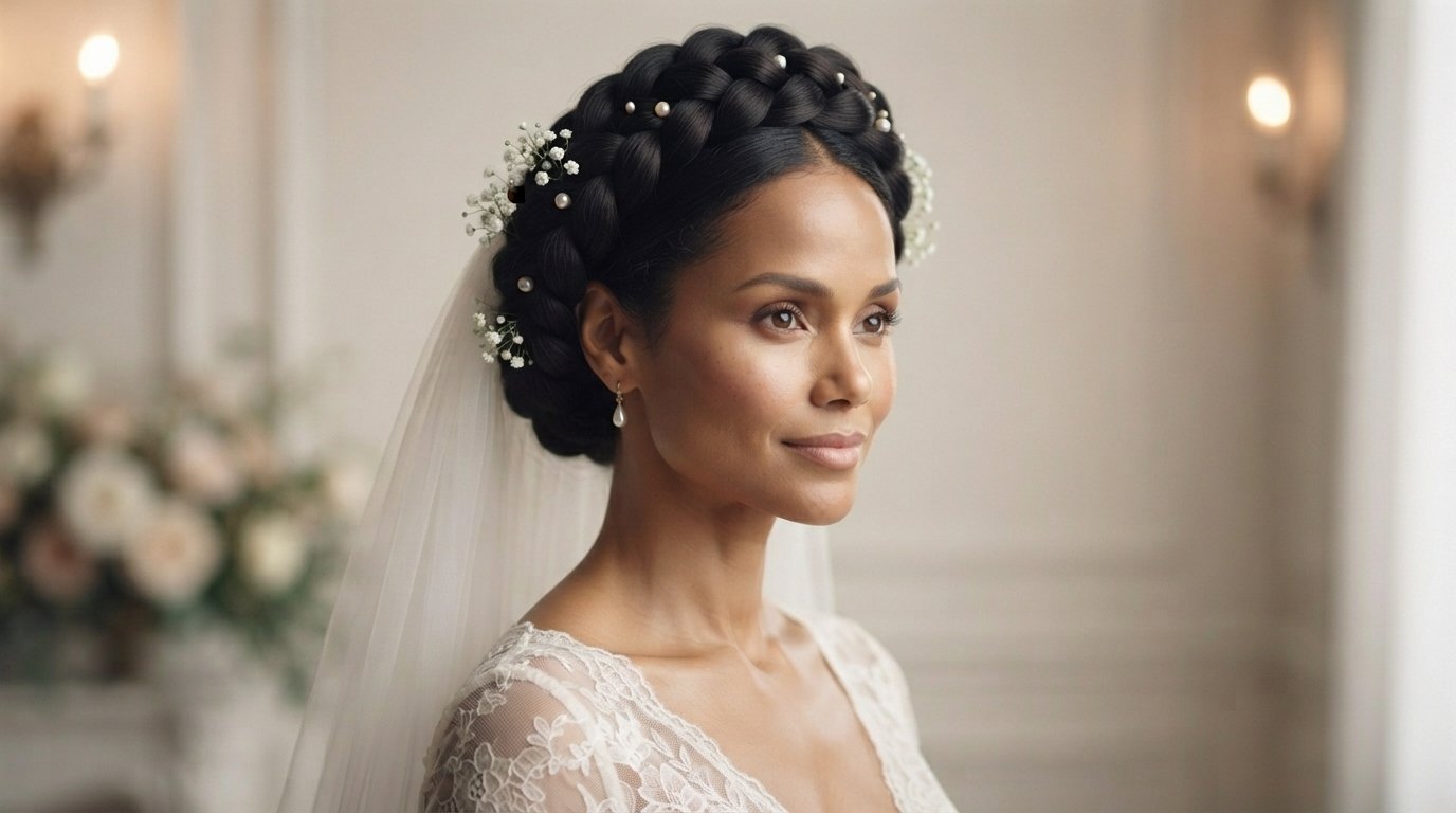 Bridal halo braid with veil attachment and pearl pin details for wedding day