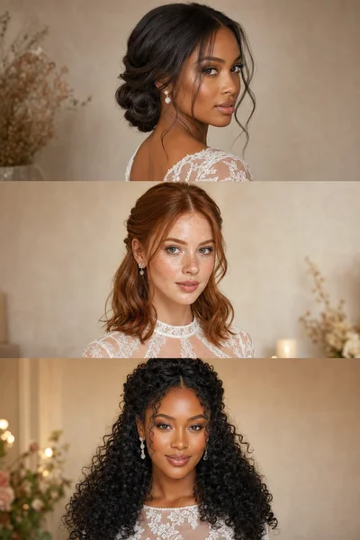 How to Choose Your Wedding Hairstyle Step by Step 5 Bridal hairstyles by hair length and texture — low twisted chignon for long hair, sleek half-up for short/medium hair, and curly half-up for natural curls