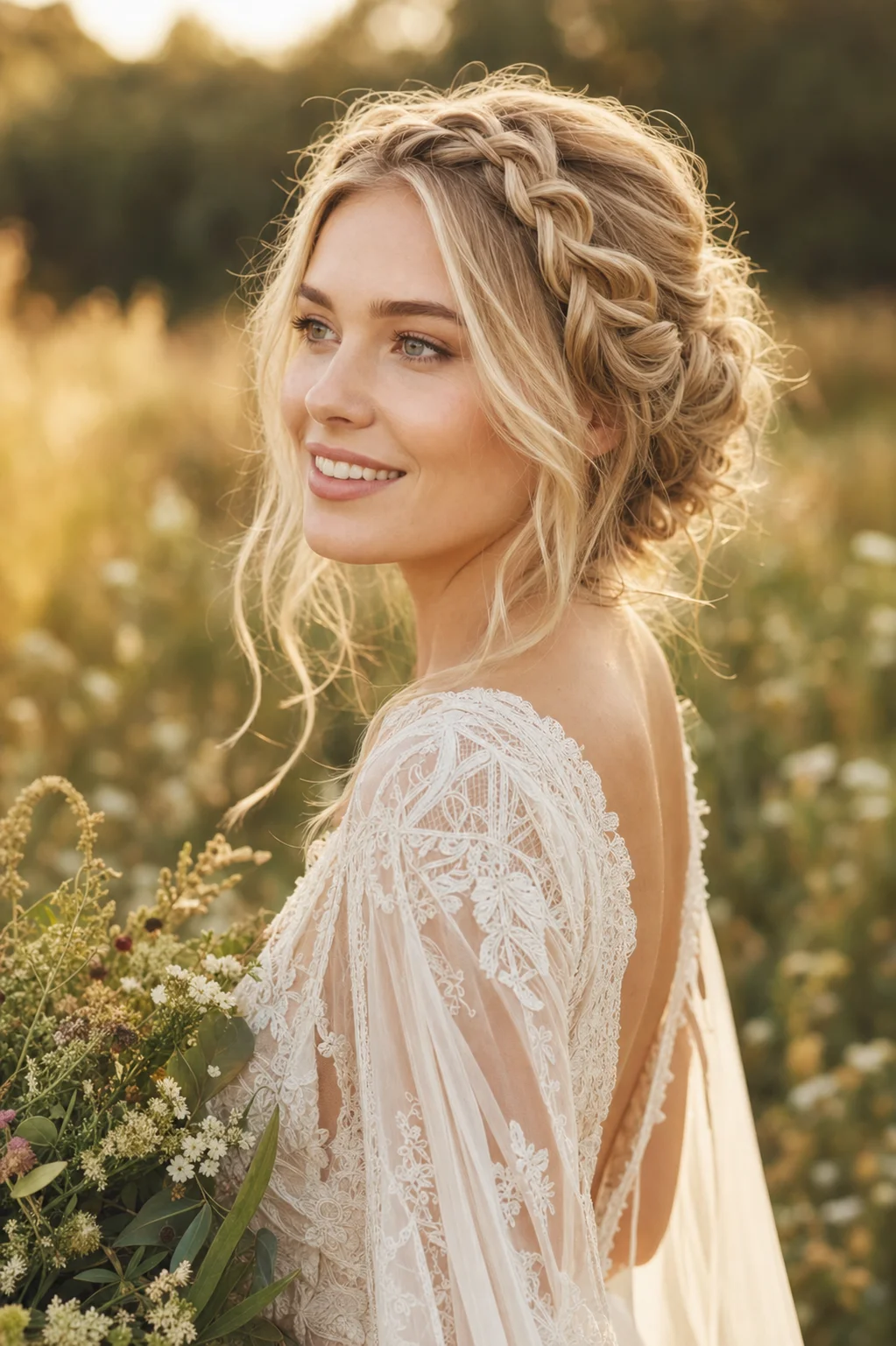 Bride with a romantic boho braided updo with soft pulled texture and face-framing pieces